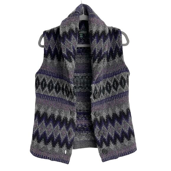 Lauren Ralph Lauren Lambswool Sweater Vest Gray Purple Aztec Western Preppy Sz S - Picture 2 of 8